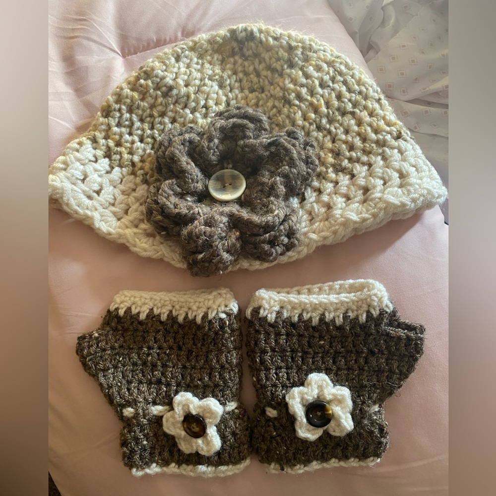 Handmade Crochet Hat and Gloves Set - Cream and Brown